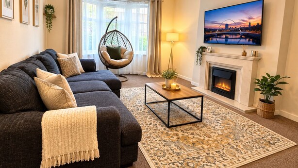 En moderne stue med en mørkegrå hjørnesofa, en hængestol, en pejs og et stort fjernsyn monteret på væggen.