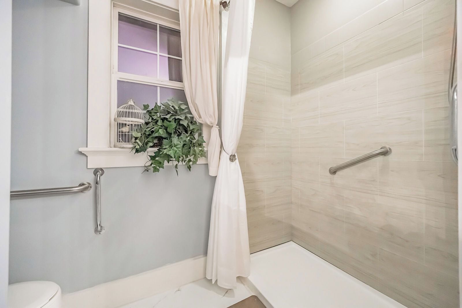 A bathroom with a shower, a window with a birdcage and plants, and a handrail.