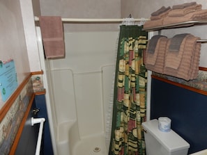 A bathroom with a shower curtain, a toilet, and a towel rack with towels. - Cabin 9: A Comfortable Two-Bedroom Cabin by Silver Lake (Silver Lake)