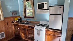 Una cocina compacta con estufa, microondas y refrigerador, armarios de madera y una ventana con cortinas.