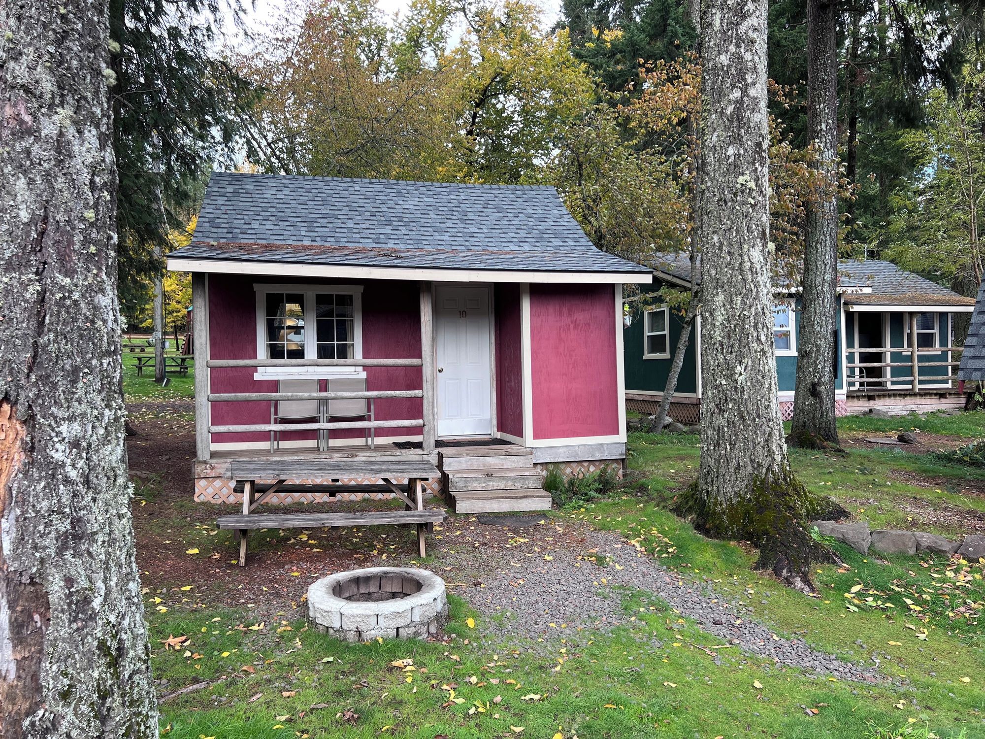 A small cabin with a porch and a fire pit, surrounded by trees.