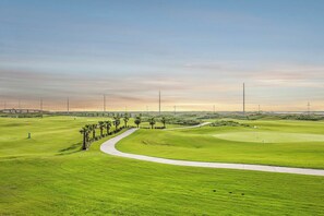 A golf course with a winding path, palm trees, and distant power lines. - Palmilla Beach Resort-121 Wild Indigo (Port Aransas)