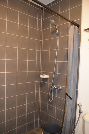 Suihkutila, jossa on käsisuihkusetti, seinään asennettu hana ja wc.