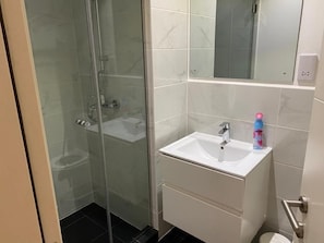 Ett badrum med en dusch som är avskärmad med glasväggar, ett vitt handfat och en spegel ovanför.