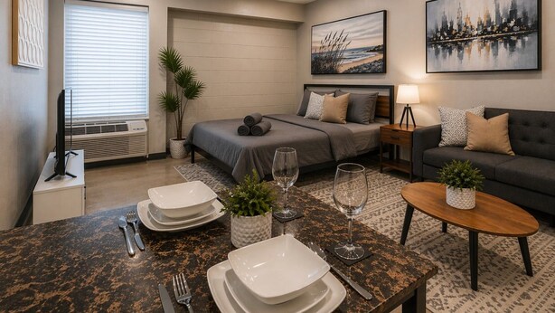 Et moderne hotelværelse med seng, sofa, spisebord dækket med tallerkener og glas, fjernsyn og billeder på væggene.