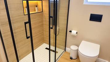 A modern bathroom with a glass-enclosed shower, a toilet, and a shelf with toiletries.