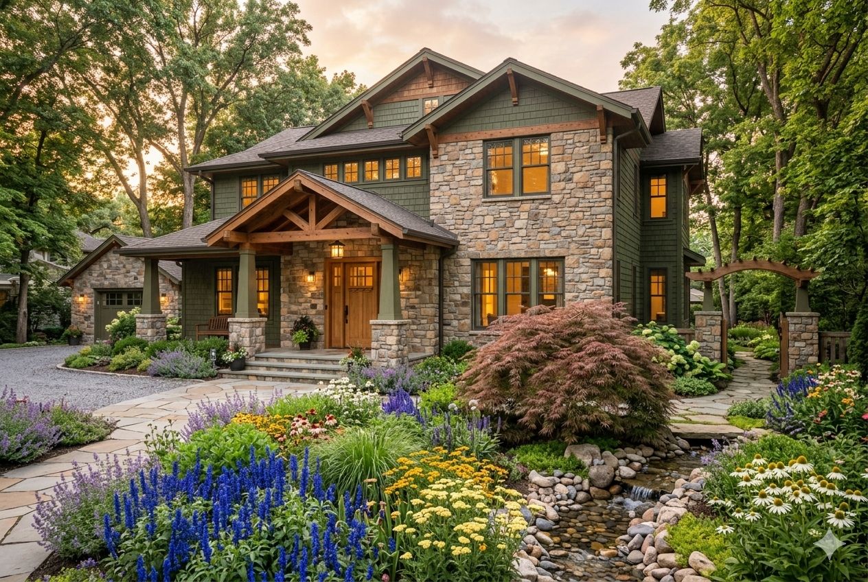 Une maison à deux étages avec une façade en pierre, un porche à l’avant et un jardin aménagé avec une variété de plantes et un petit ruisseau.