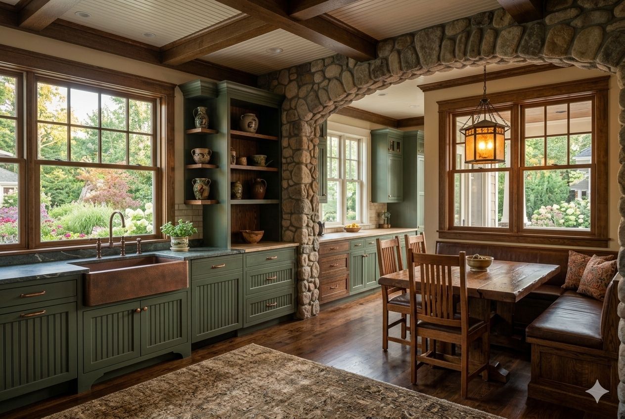 A rustic kitchen with stone archway, wooden cabinets, and a dining area with a bench.