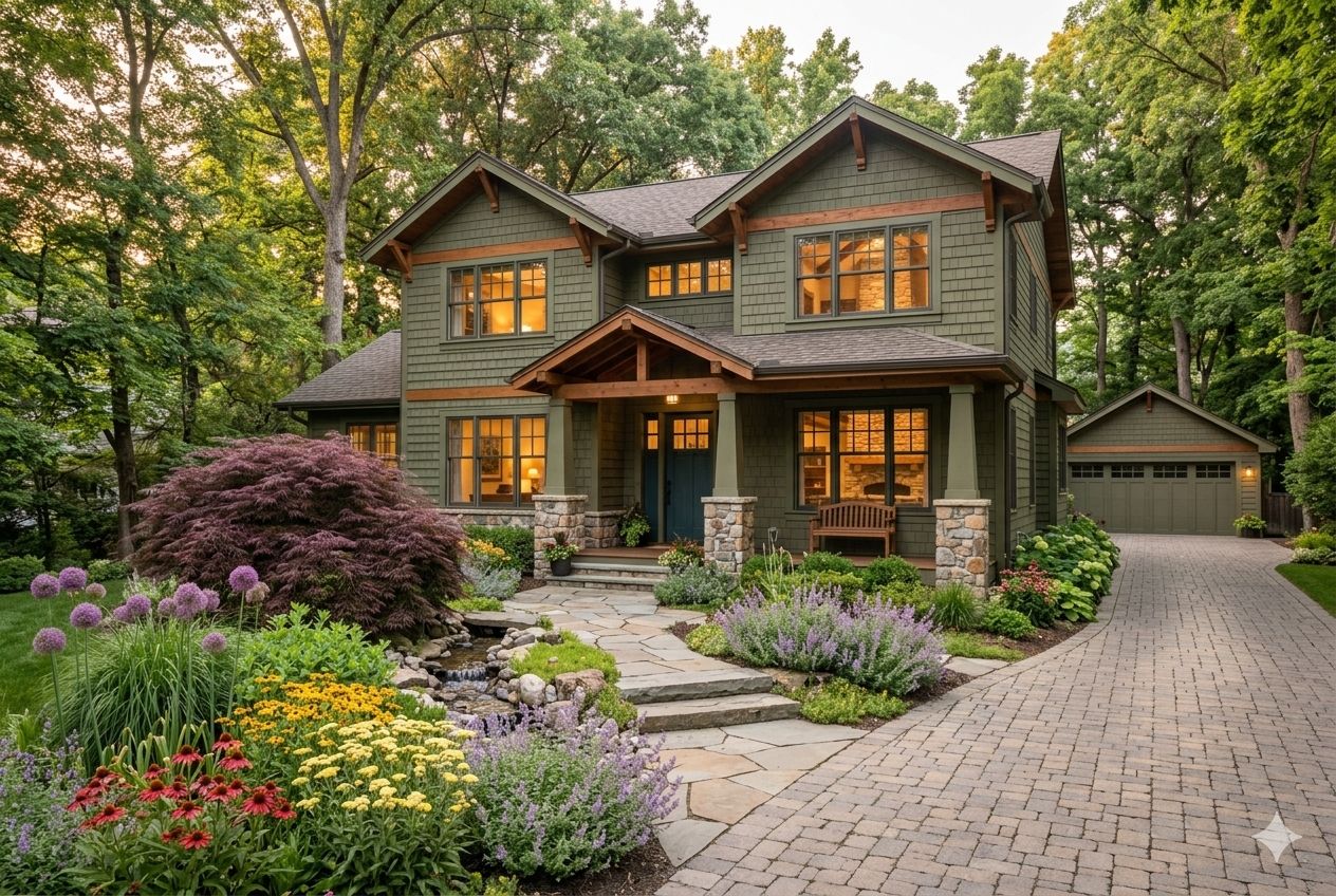 A two-story house with a stone pathway leading to the front door, surrounded by a variety of colorful flowers and shrubs.