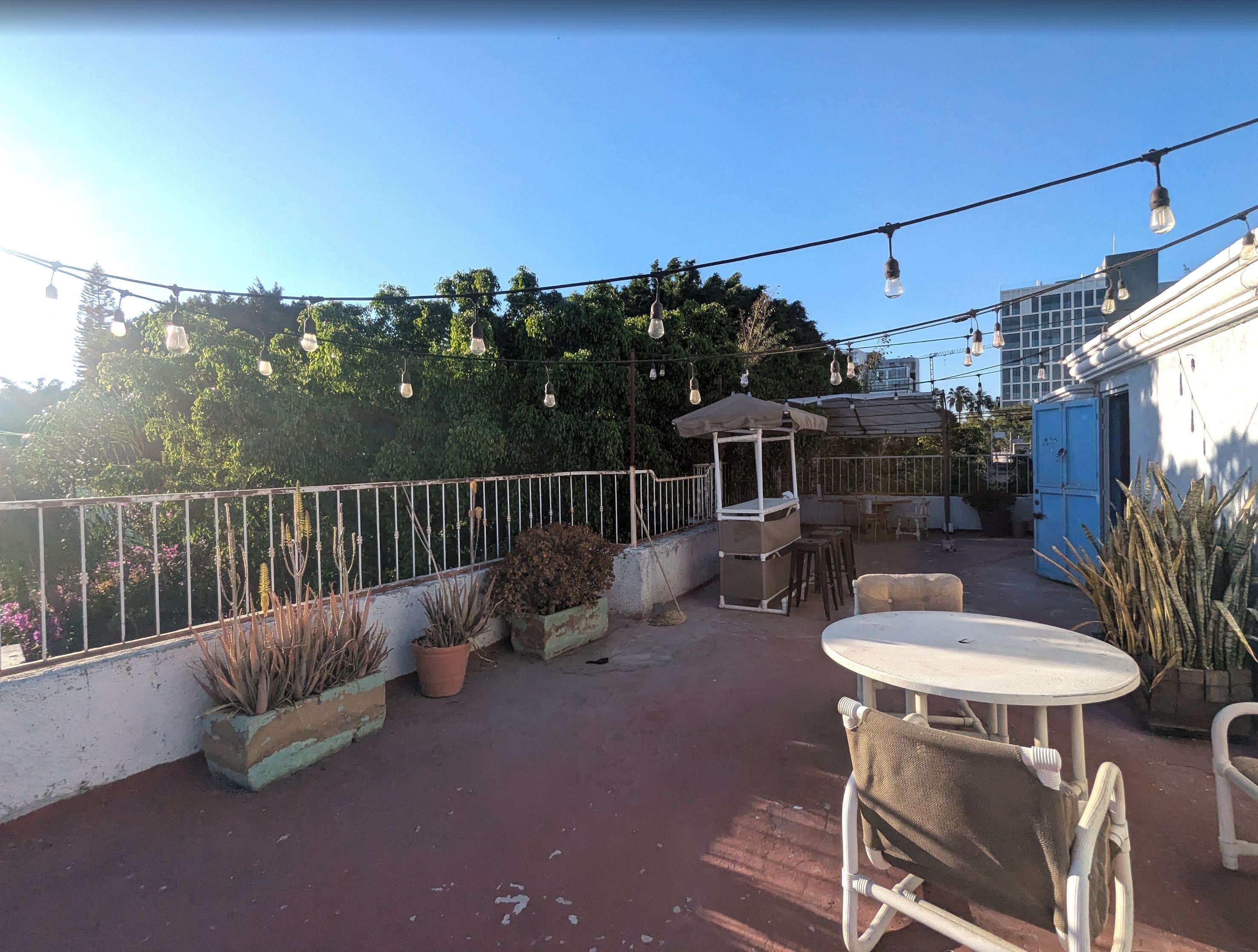 Un patio al aire libre con mesa y sillas, plantas en macetas y una pérgola.