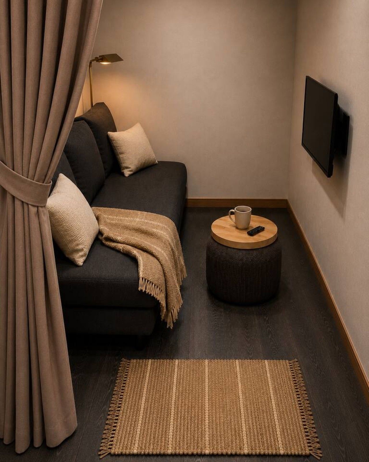 Een moderne woonkamer met een donkere bank, een rond poefje, een salontafel, een afstandsbediening en een televisie aan de muur.