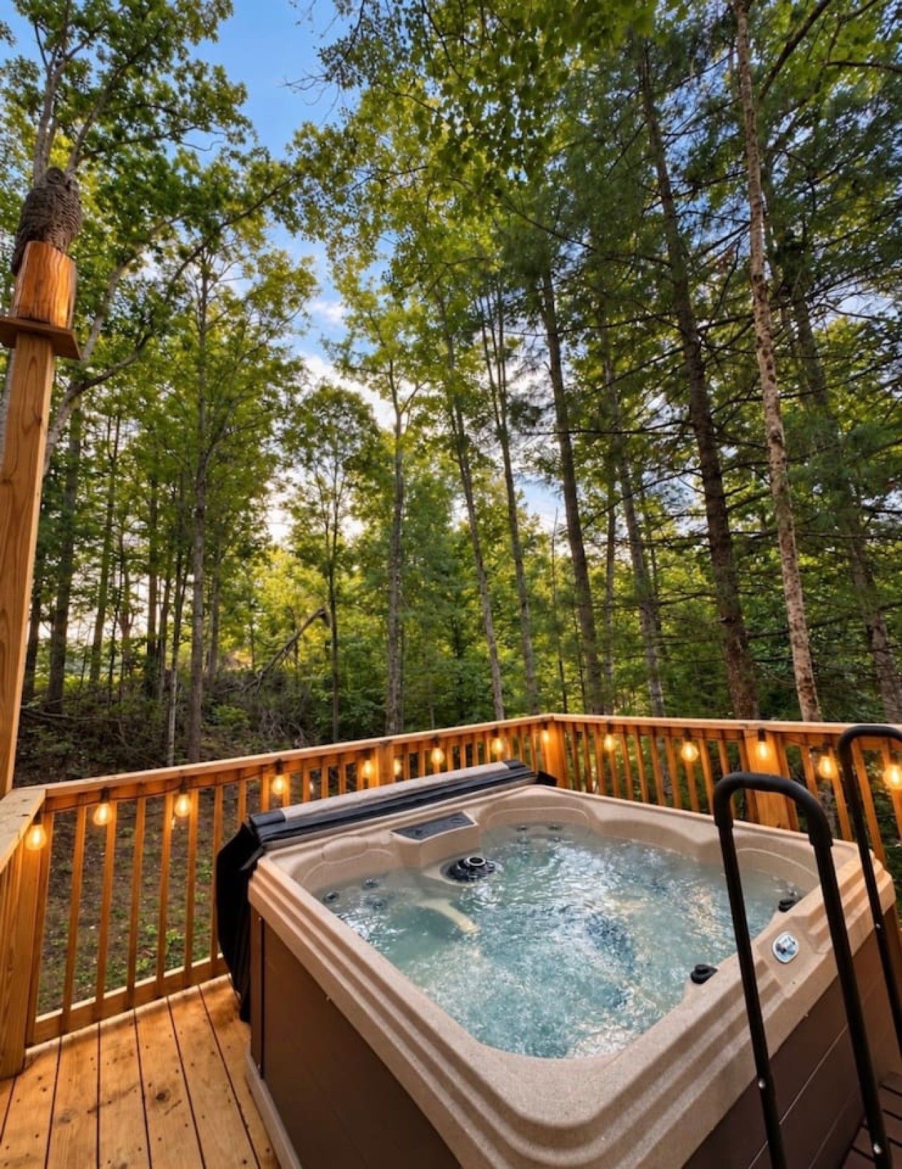 Un bain à remous sur une terrasse en bois, entouré d’arbres.