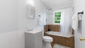Une salle de bain avec des toilettes, un lavabo et une baignoire.