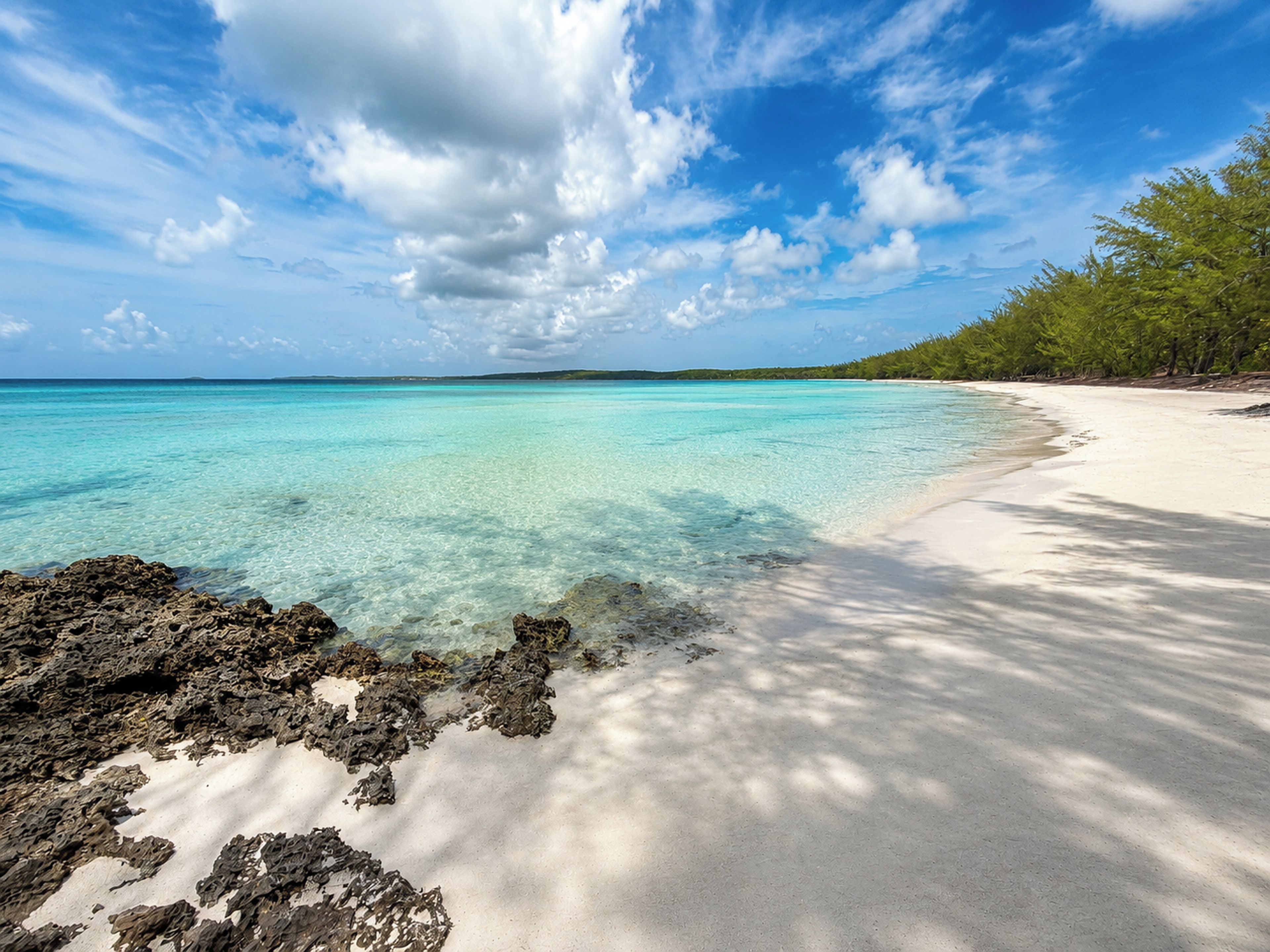 A beach with clear turquoise water, white sand, and a line of trees.