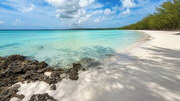 A beach with clear turquoise water, white sand, and a line of trees.
