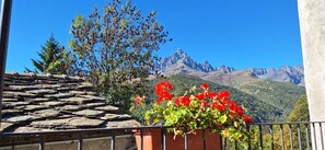 A balcony with a stone roof, a potted plant with red flowers, and a view of a mountain range. - I Sitoù - Feoun Apartment - the warmth of the fireplace (Ostana)