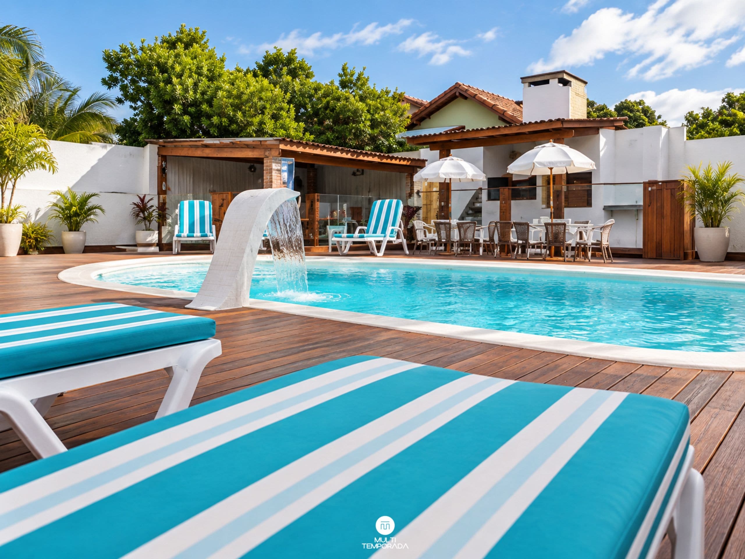 Piscina con sillas de descanso y sombrillas, rodeada por una terraza de madera y plantas en macetas.
