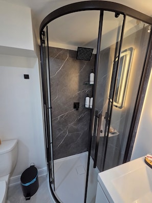 Une salle de bain moderne avec une douche à parois de verre, des toilettes et un lavabo.