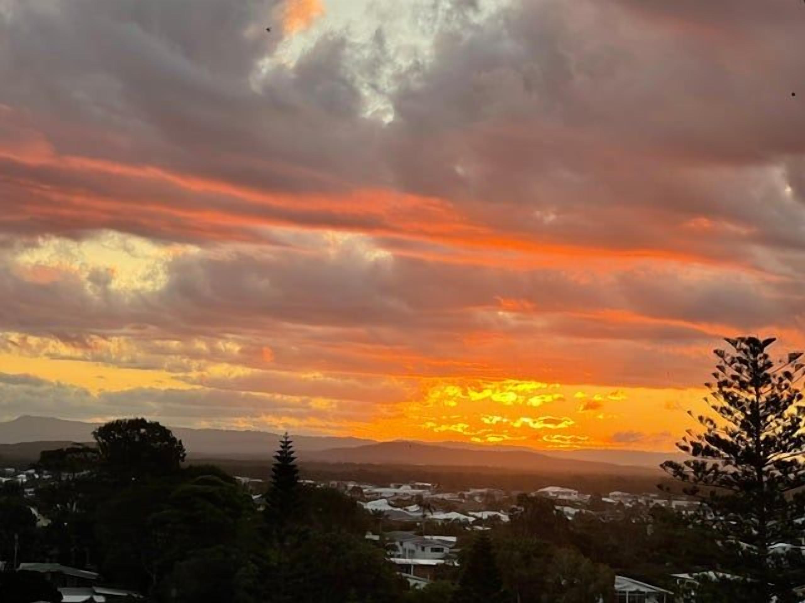 A sunset over a residential area with houses and trees.