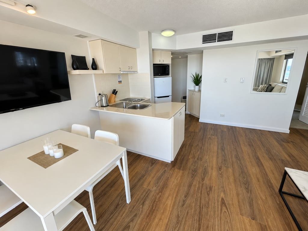 Cozinha moderna com armários brancos, uma ilha central e um espaço de jantar com mesa e cadeiras brancas.