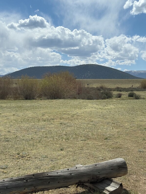 A grassy field with a wooden fence in the foreground, a hill with trees in the background, and a partly cloudy sky.