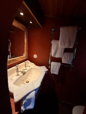 Un bagno con lavandino, specchio e porta asciugamani.