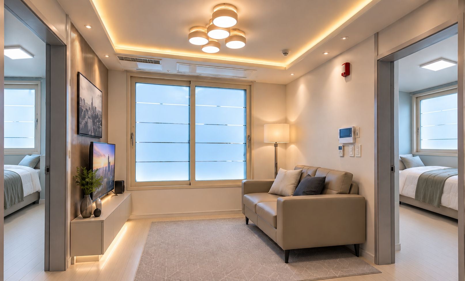 Una habitación de hotel moderna con un ventanal grande, un sofá, un televisor y una lámpara.