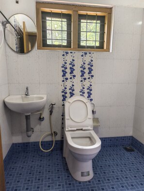 A bathroom with a toilet, sink, and window.
