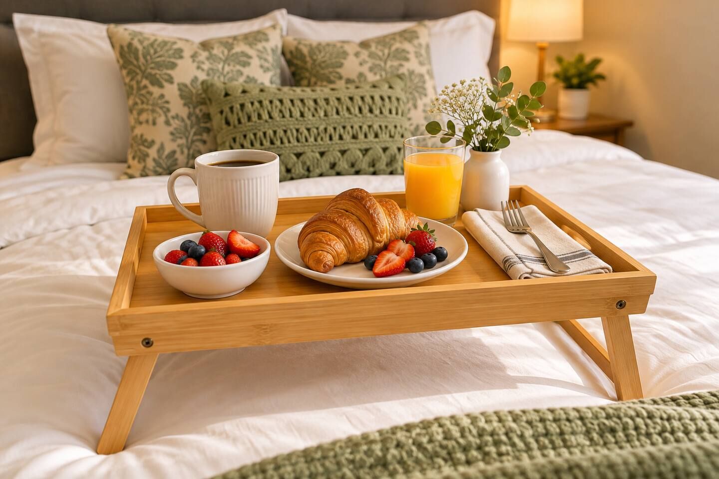 Bandeja de café da manhã com croissants, morangos, amoras, um copo de suco de laranja e uma xícara de café sobre uma cama com travesseiros e uma mesa de cabeceira com abajur.