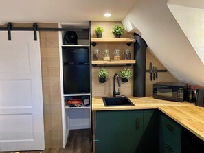 A compact kitchen with a black refrigerator, a microwave, a sink, and wooden shelves with potted plants.