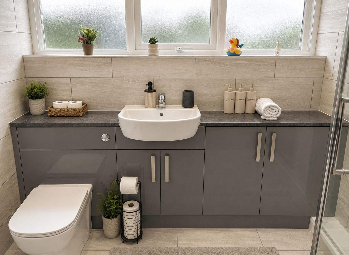 A modern bathroom with a toilet, sink, and shower. There are plants and toiletries on the counter.