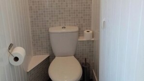Een kleine badkamer met een toilet, toiletpapier en een plank met keukenpapier.