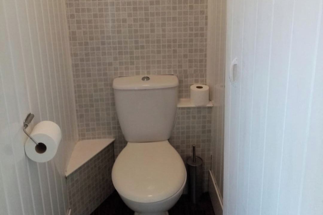 Ein kleines Badezimmer mit Toilette, Toilettenpapier und Bürste.
