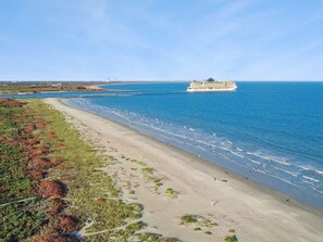 Una playa costera con un crucero en la distancia, orillas arenosas y vegetación escasa.