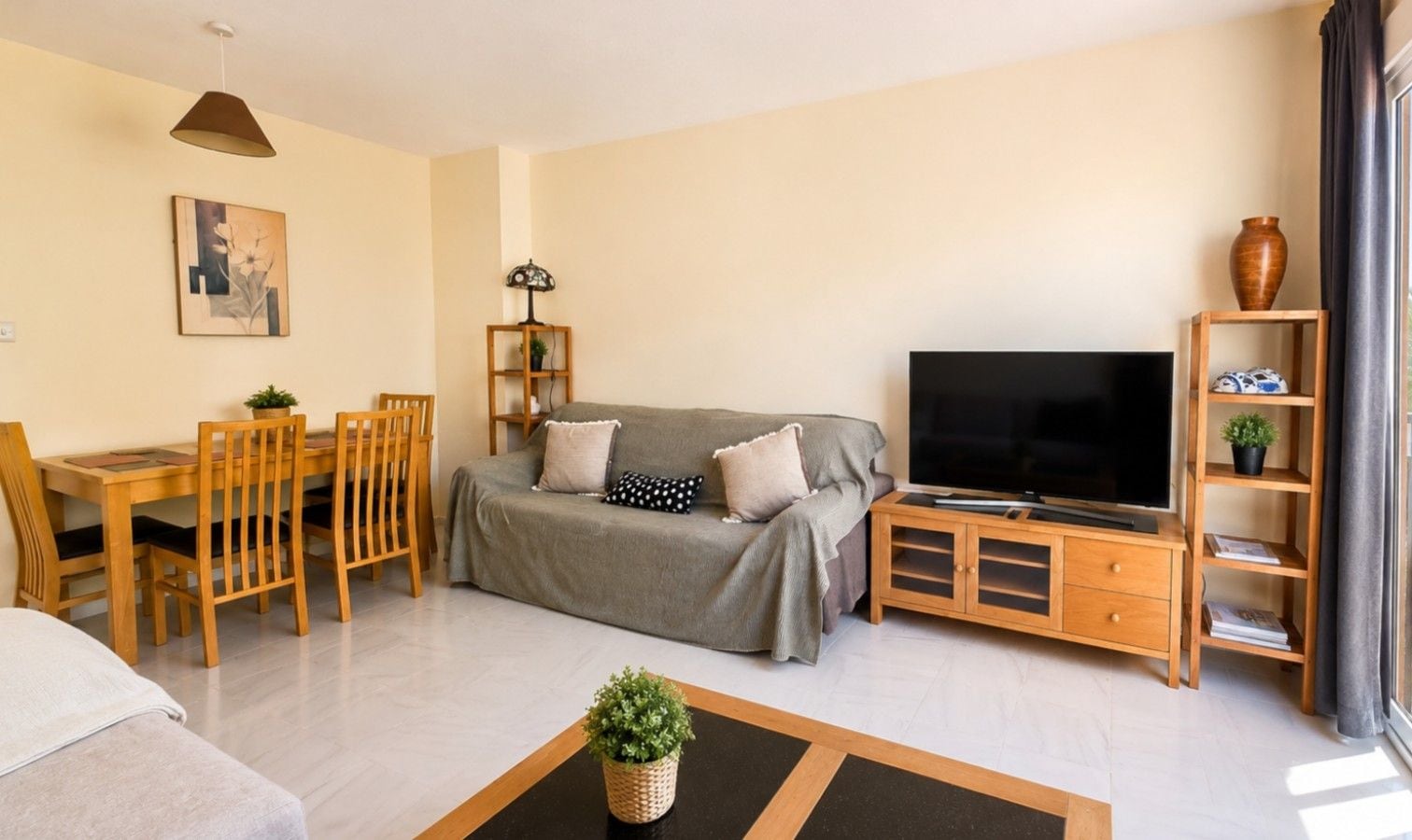 A living room with a sofa, TV, wooden furniture, and a plant.