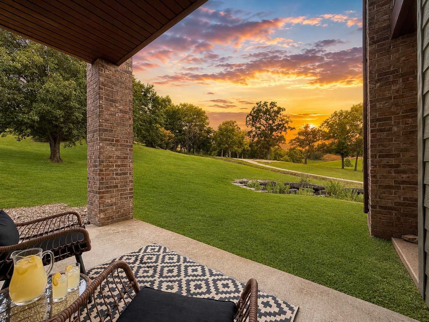 Une terrasse offrant une vue sur un paysage verdoyant, avec des arbres, un mur de briques et un tapis à motifs.