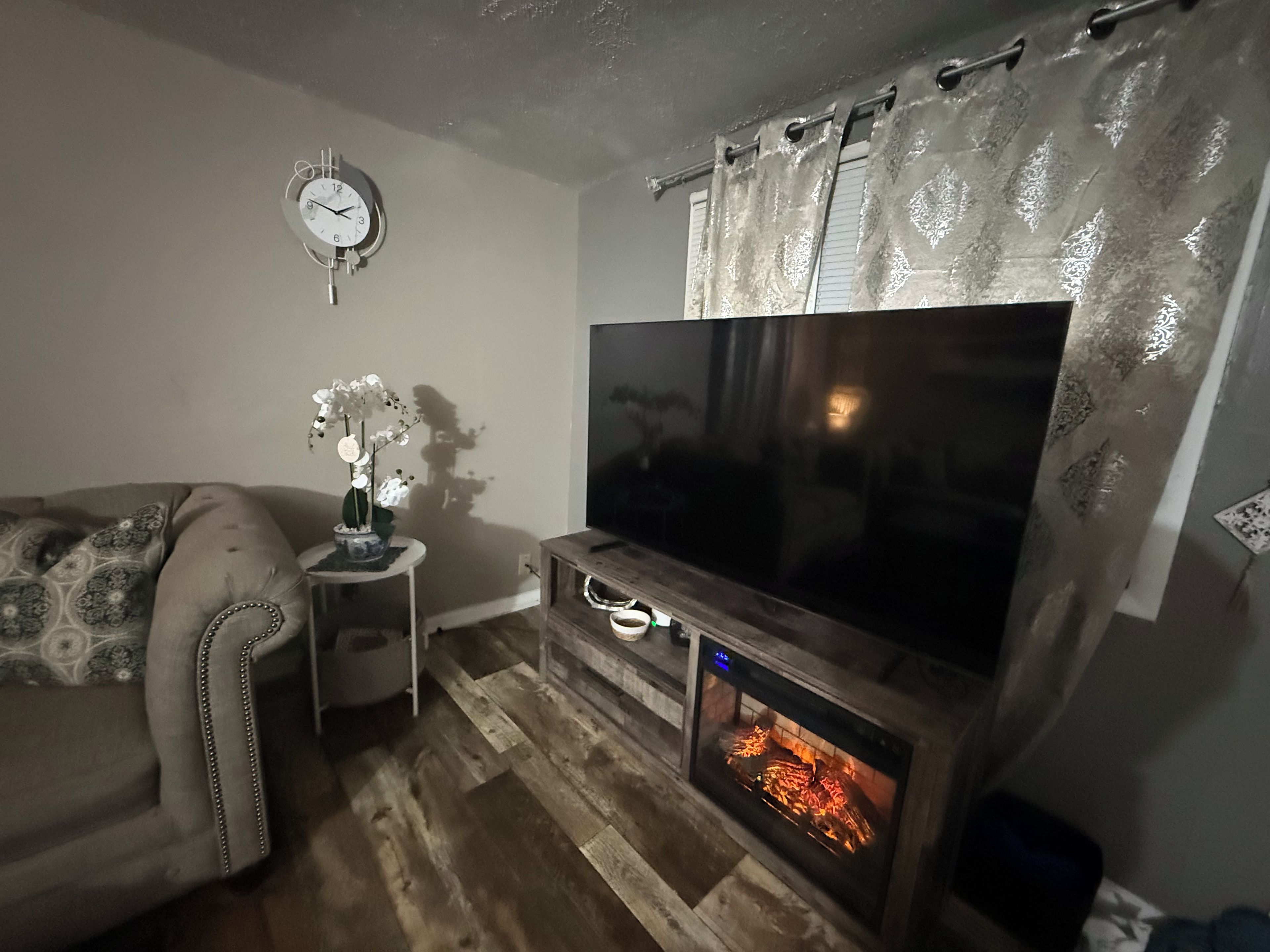 Ein Wohnzimmer mit einer Couch, einem kleinen Beistelltisch mit Pflanze, einem Flachbildfernseher und einem Kaminofen.