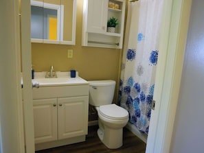 Un bagno con il water, un lavandino e un armadietto.