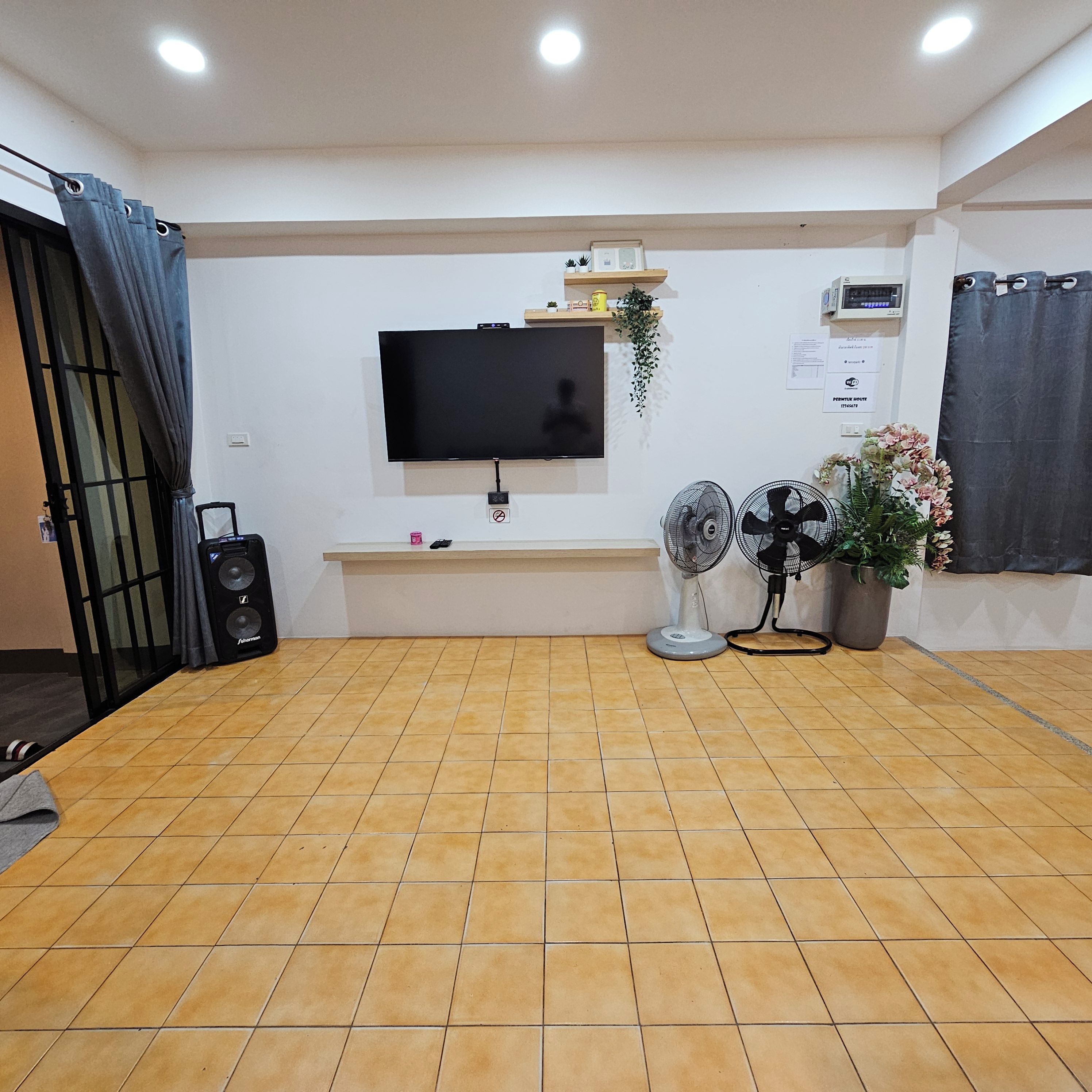 Una habitación con una televisión de pantalla plana montada en la pared, un pequeño estante con objetos decorativos, una planta en maceta y un altavoz.