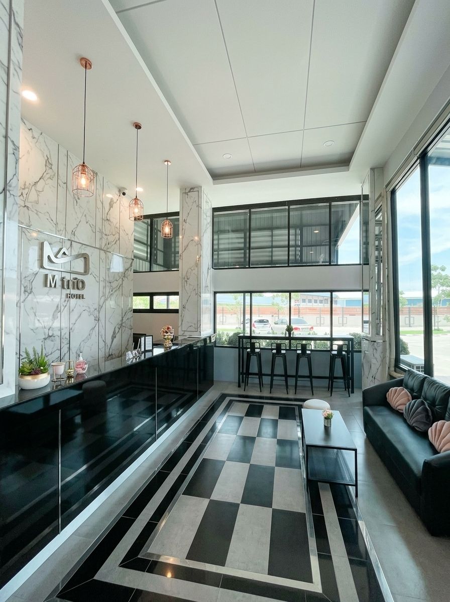 A hotel lobby with a reception desk, seating area, and large windows offering a view of the outside.