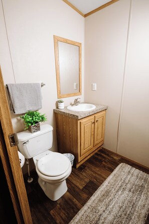 A bathroom with a toilet, sink, wooden cabinet, mirror, and a small plant.