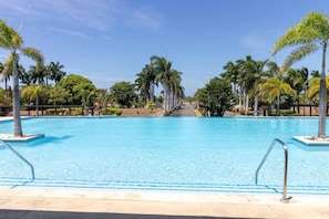 Una piscina rectangular grande con agua azul cristalina, rodeada de palmeras y un cielo despejado.