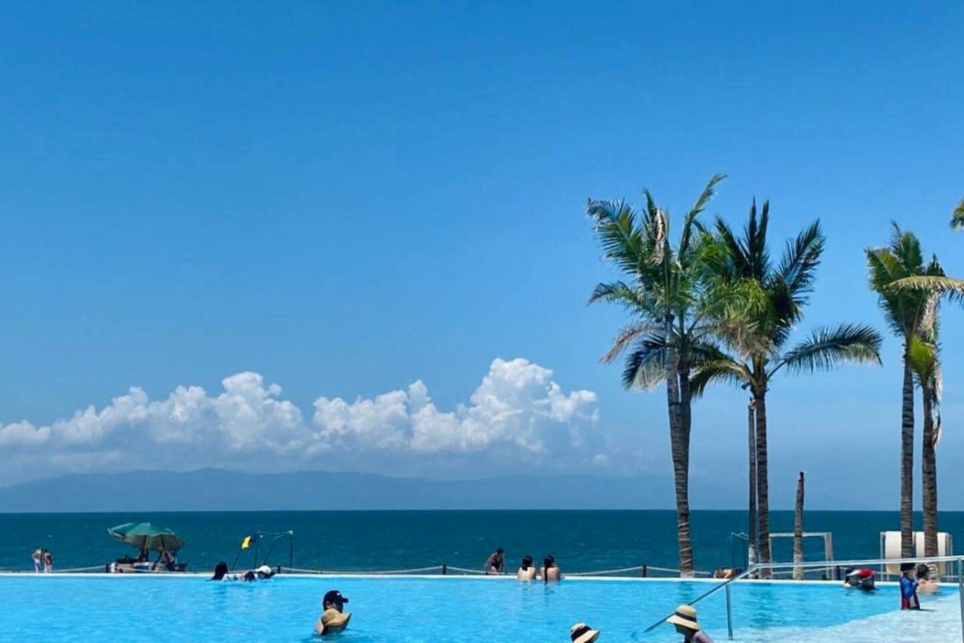 A pool area with clear blue water, palm trees, and a view of the ocean.