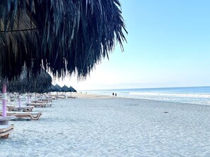 A beach with rows of sun loungers and umbrellas, a clear sky, and the ocean in the background. - Departamento/Estudio en Playa Royale, Nuevo Vta. (Nuevo Vallarta)