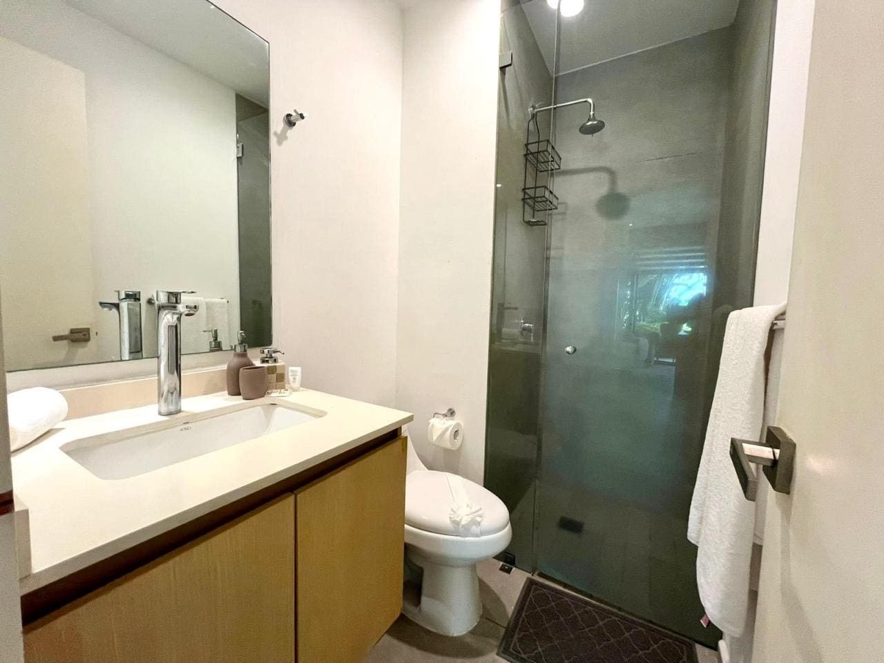 A modern bathroom with a glass-enclosed shower, a white toilet, and a large mirror above a sink with a wooden cabinet.