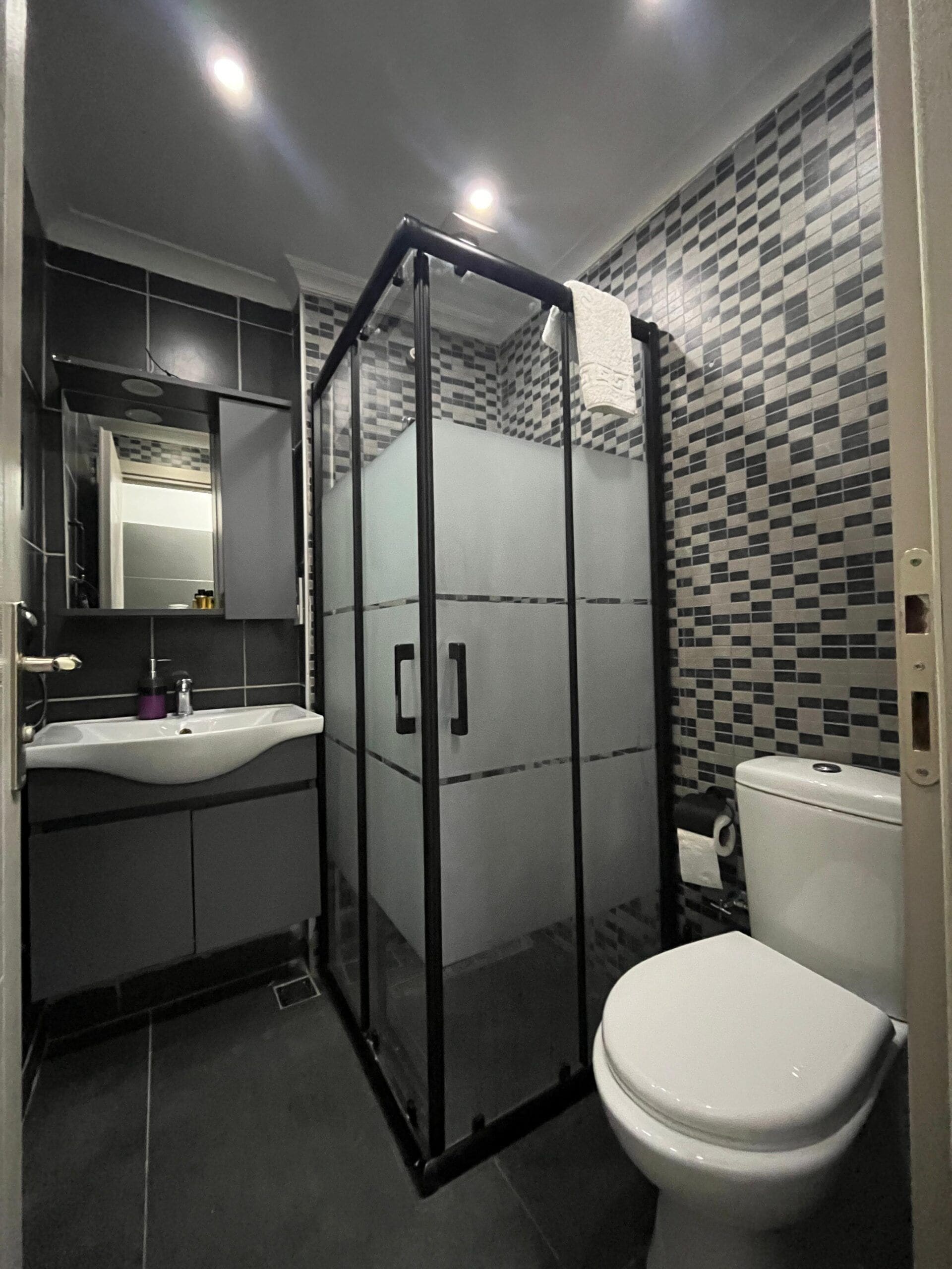 A modern bathroom with a glass-enclosed shower, a white toilet, and a sink with a mirror above it.