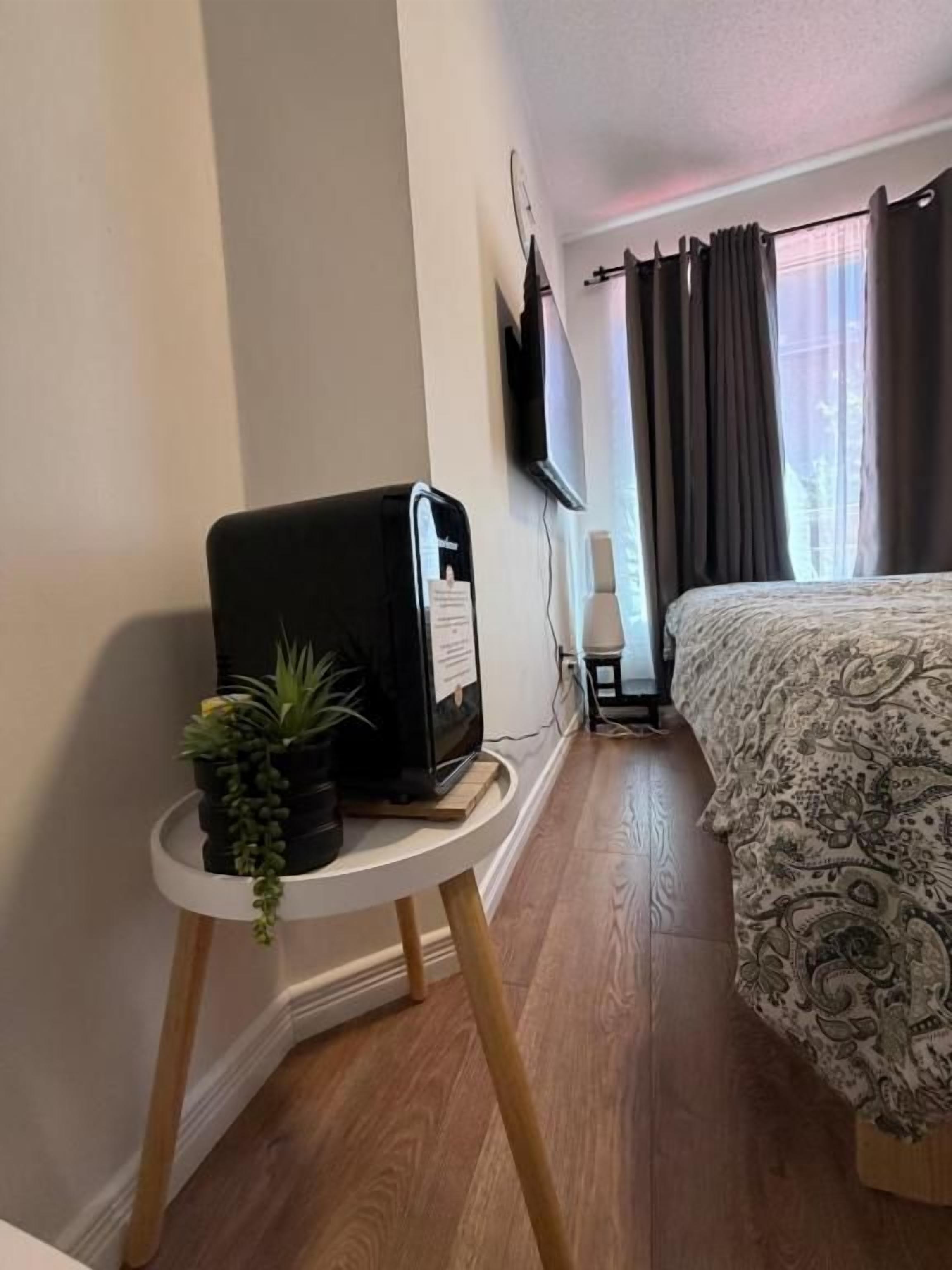 Quarto de hotel com cama, uma pequena mesa com cafeteira, planta em vaso e televisão na parede.