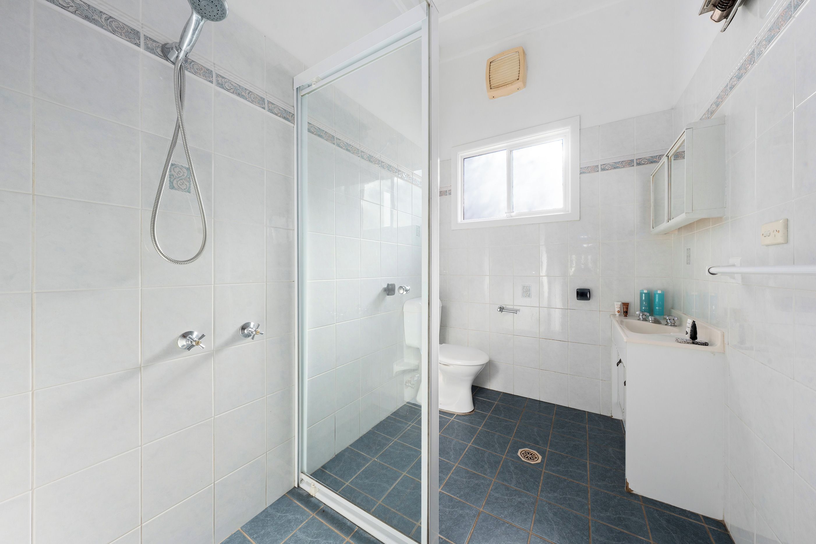 A bathroom with a glass shower enclosure, a toilet, a sink with toiletries, and a window.