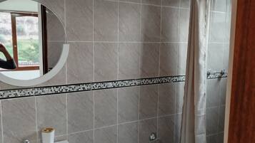 Un baño con lavamanos, inodoro y zona de ducha.