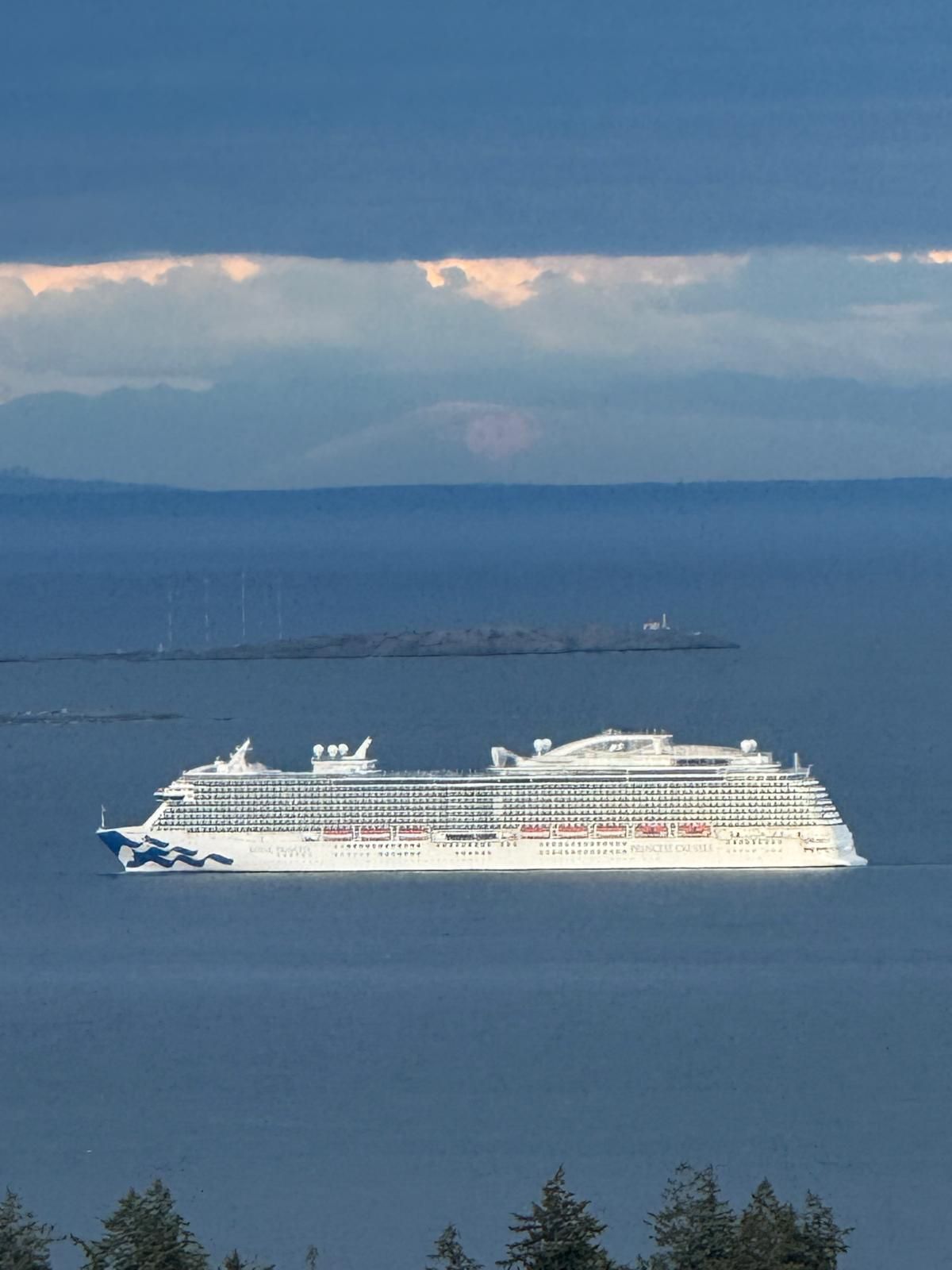 A large cruise ship docked at a port with a clear view of the surrounding water and distant land.